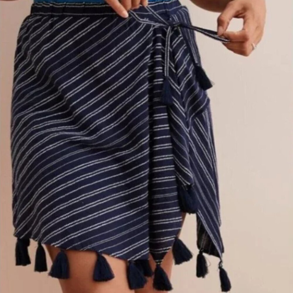 Aerie Womens Medium M Navy Blue Striped Wrap Skirt Tassel Hem Stretch Waist Boho